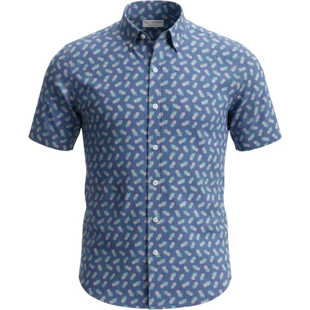 Nick Graham Pineapple Shirt Mens M Navy Blue EUC Stretch Modern Fit Short Sleeve
